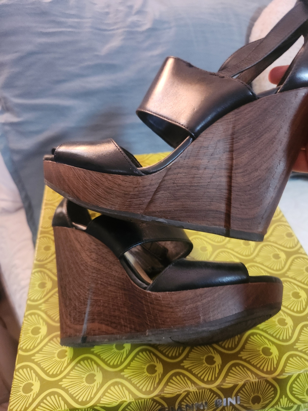 Black Leather Wedge Sandals with Wood-Effect Platform